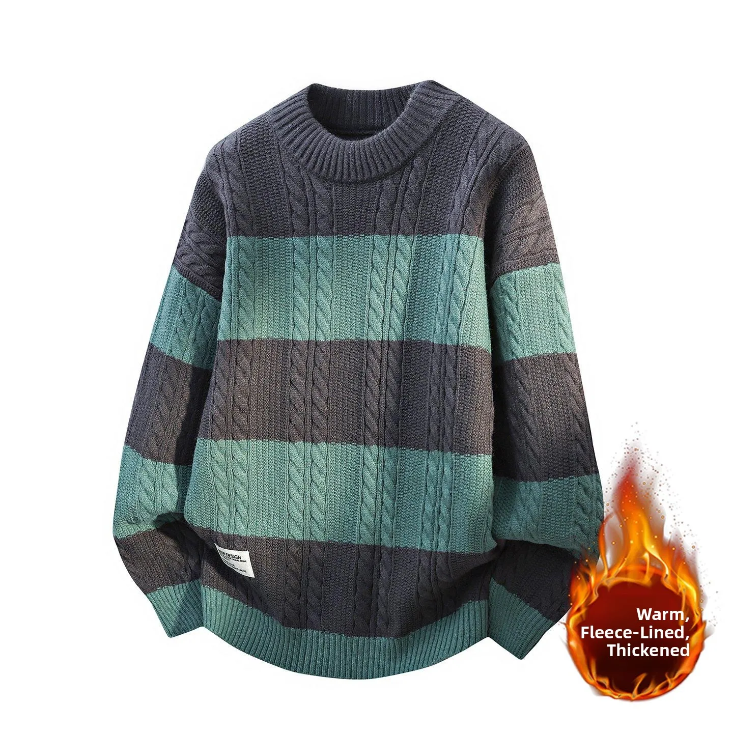 

Мужской утепленный флисовый свитер в стиле ретро с круглым вырезом, свободного кроя, с узором косы, зимний, комфортный, вязаный.