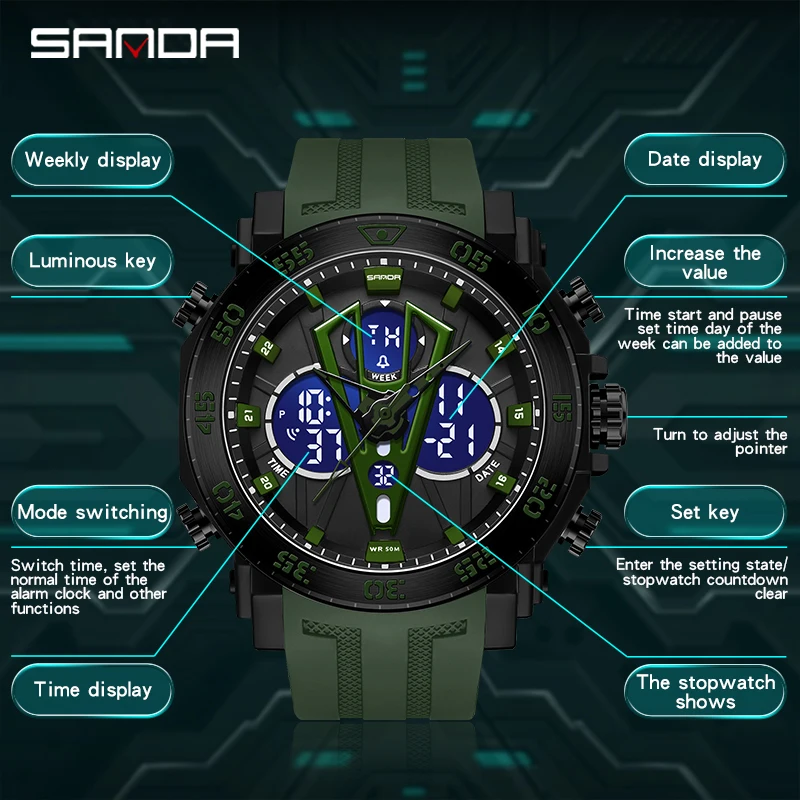 SANDA jam tangan elektronik pria, arloji Shock militer olahraga tahan air Digital gaya G untuk lelaki