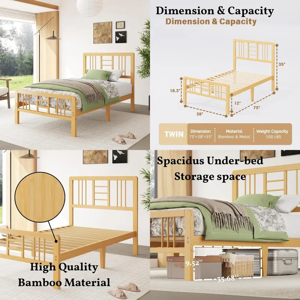 

Twin Size Bamboo Platform Bed Frame with Headboard, Footboard, and Metal Slat Support - Heavy Duty