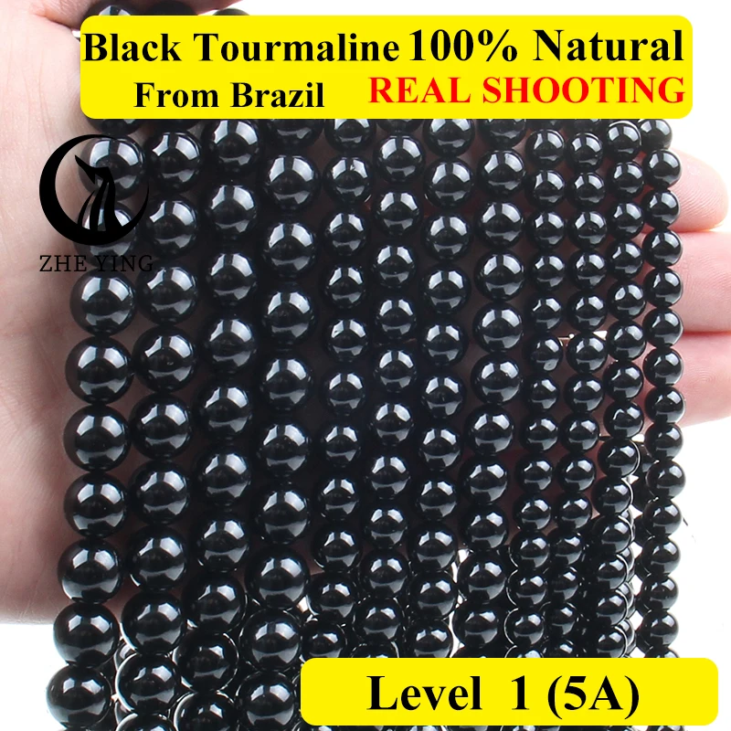 Zhe Ying-Cuentas de turmalina negra Natural para la fabricación de joyas, abalorios sueltos lisos redondos para pulsera, collar y pendiente, DIY