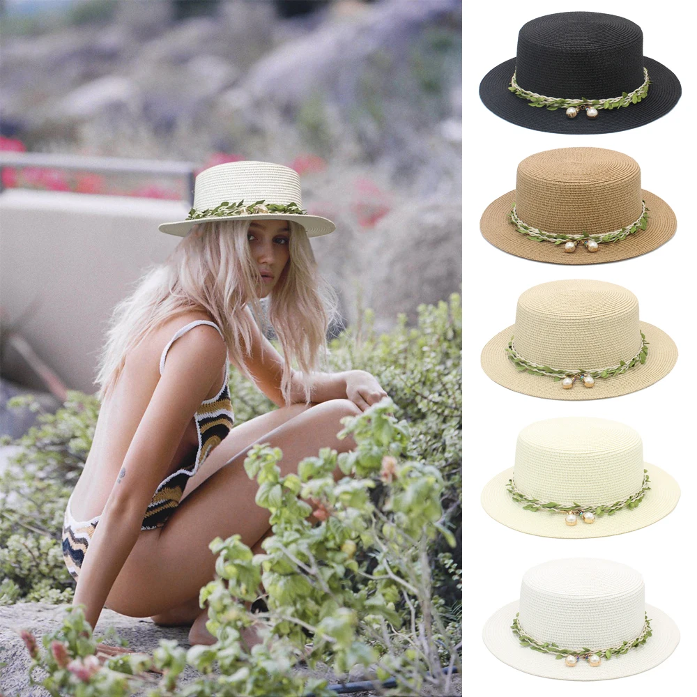 

Men Women Straw Flat Top Boater Hats Sailor Cap Summer Sombrero Beach Sunhat Street Party Sunbonnet Size US 7 1/8-7 1/4 UK M-L