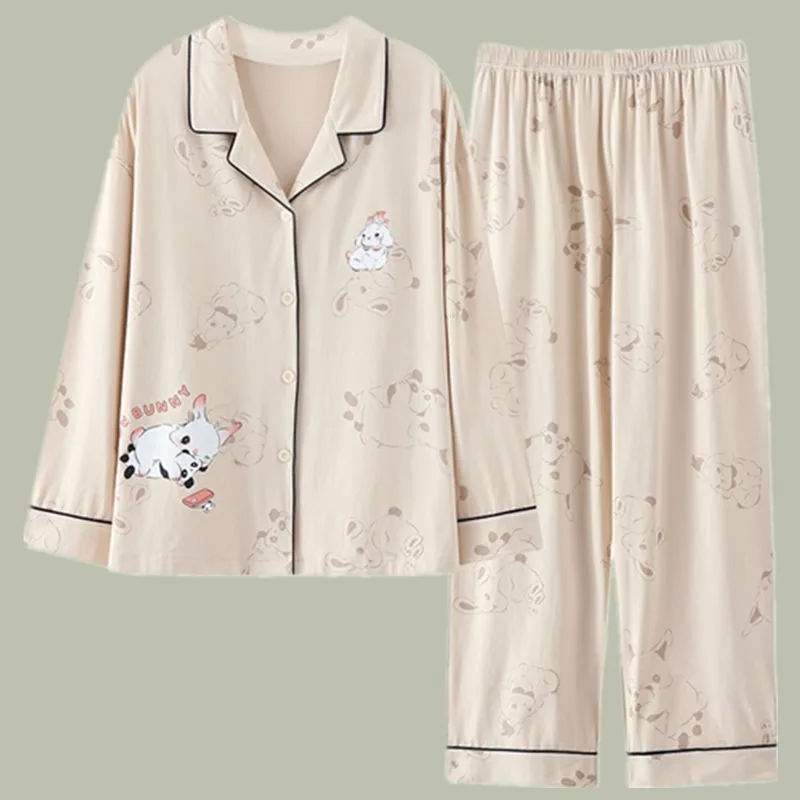 2024 New Pajamas Women Spring Autumn Pure Cotton Sleepwear Long Sleeved Lapel Loose Homewear Set V-neck Print Loungewear