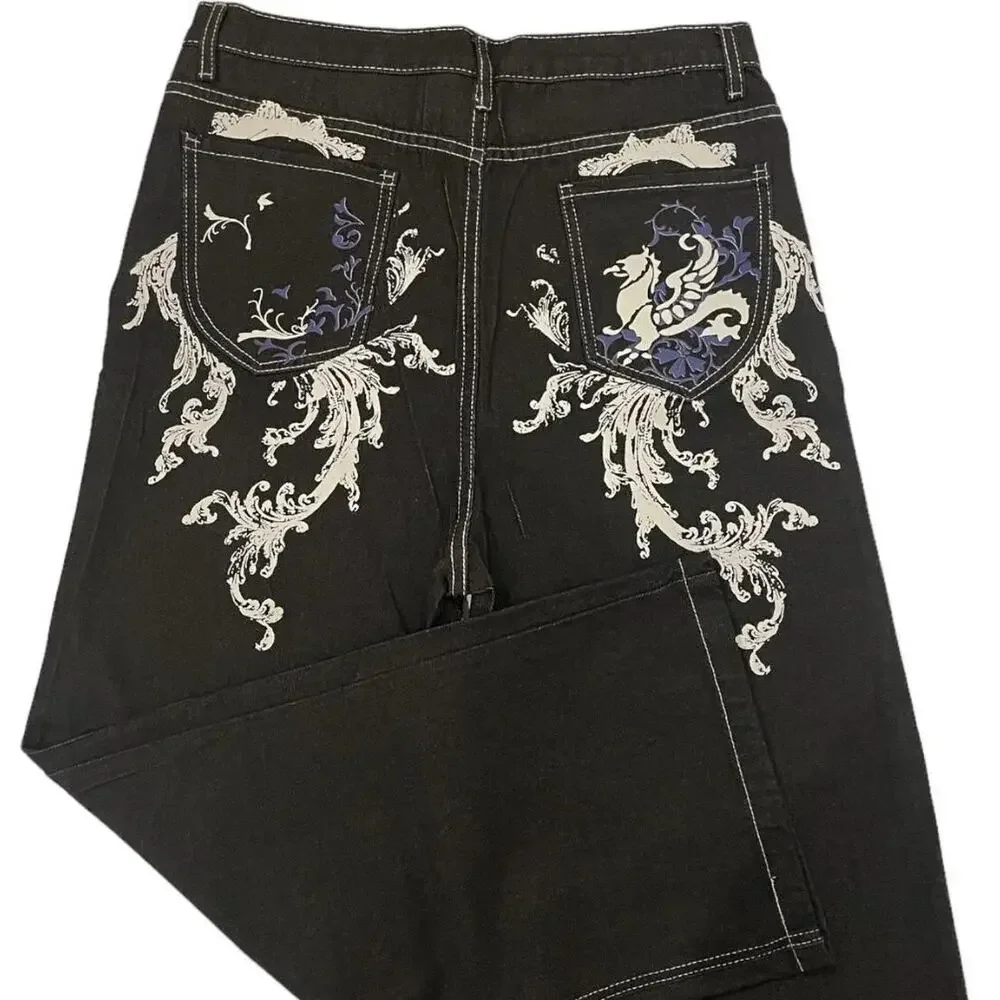 Pantalones vaqueros holgados para hombre, pantalón de pierna ancha con estampado de dragón, Hip Hop, Harajuku, gótico, negro, versátil, vintage, callejero