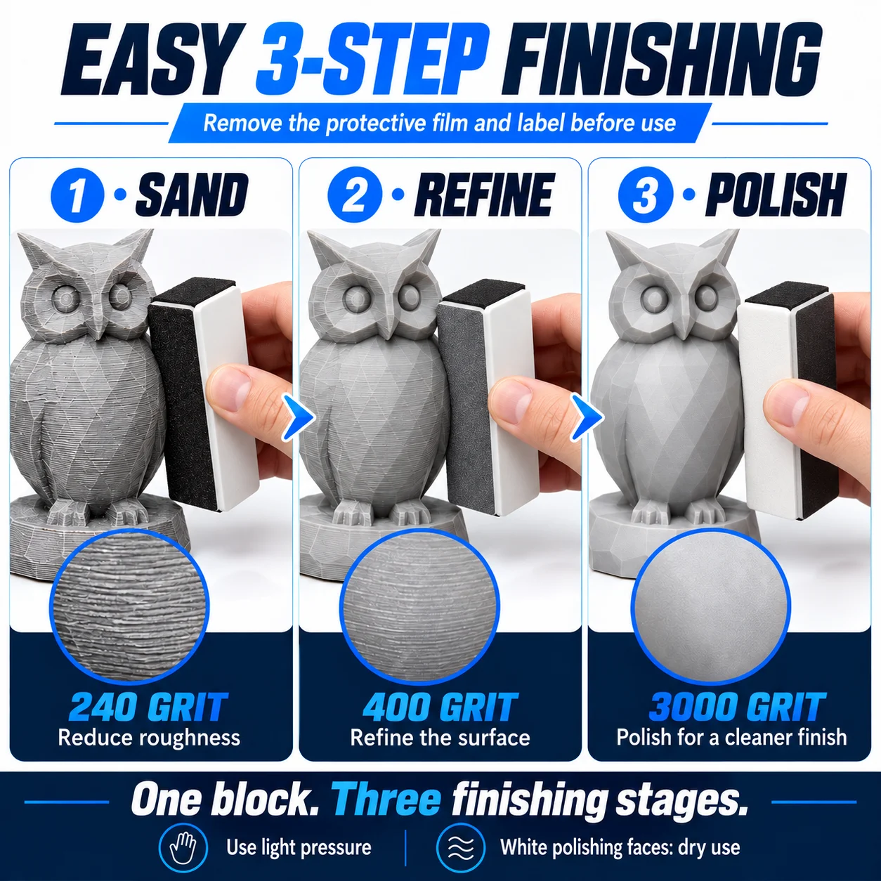 3D Print Polishing Block 240/400/3000 Grit 4-Sided Reusable Sanding Sponge for PLA ABS PETG Resin Model Surface Finishing