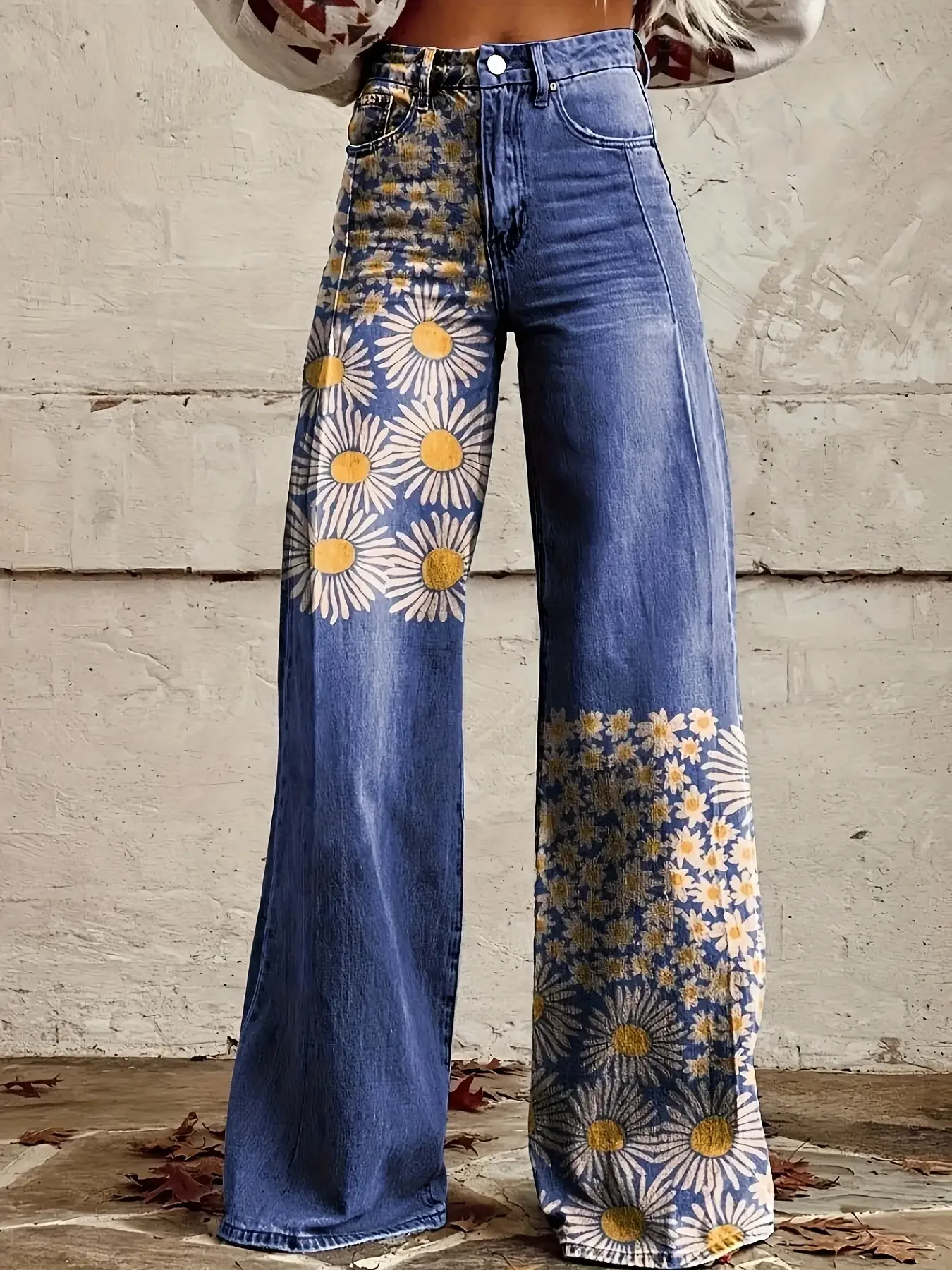 2026 Women's new Fashionable flame print gradient print loose wide leg jeans