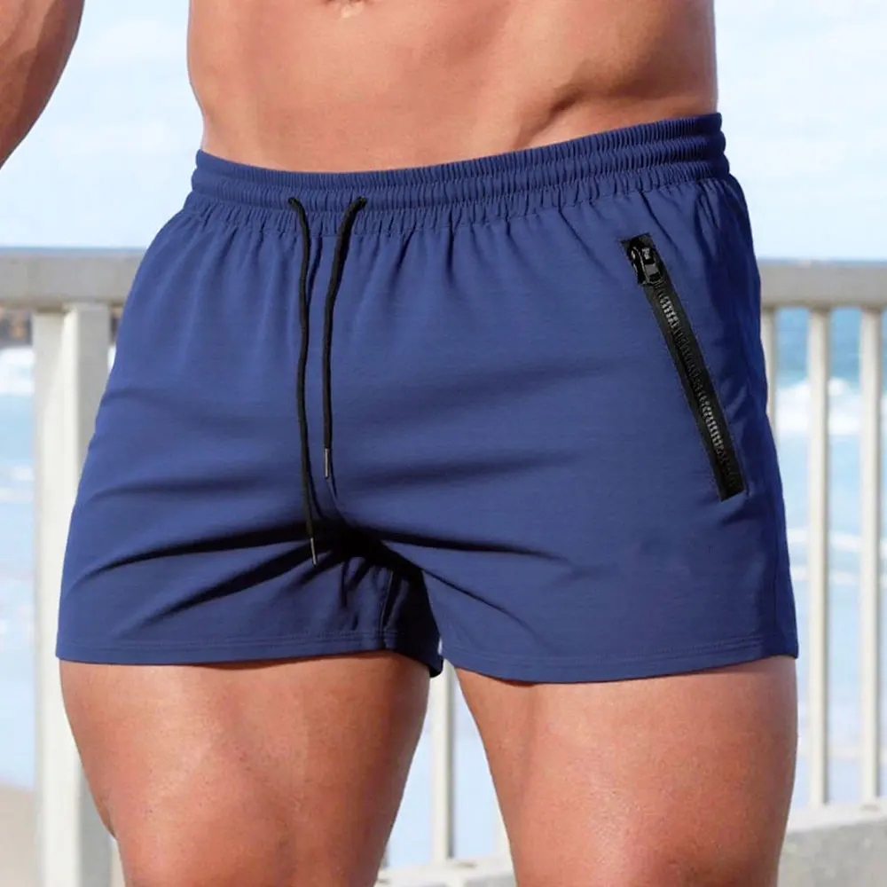 Men's Soild Color Swim Shorts Summer Casual Beach Board Shorts for Men Quick Dry Running Fitness Gym Shorts Zipper Pocket