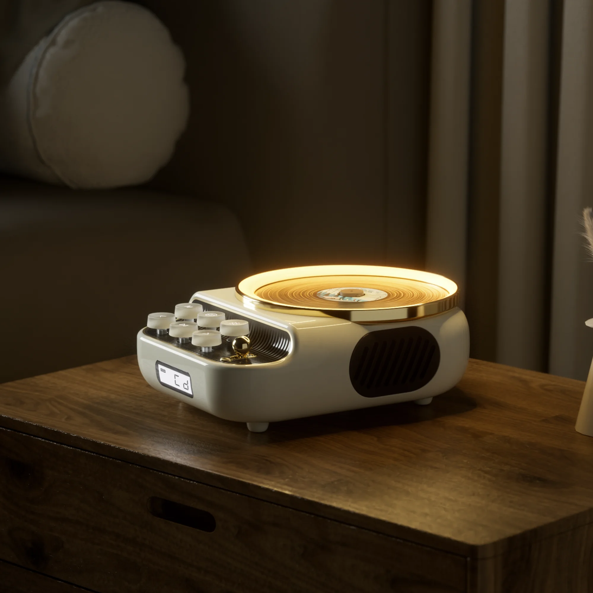 مشغل أقراص مضغوطة بتصميم عتيق من المصنع الأصلي 4 في 1 مكبر صوت محمول مع راديو FM وإضاءة ليلية دافئة #4