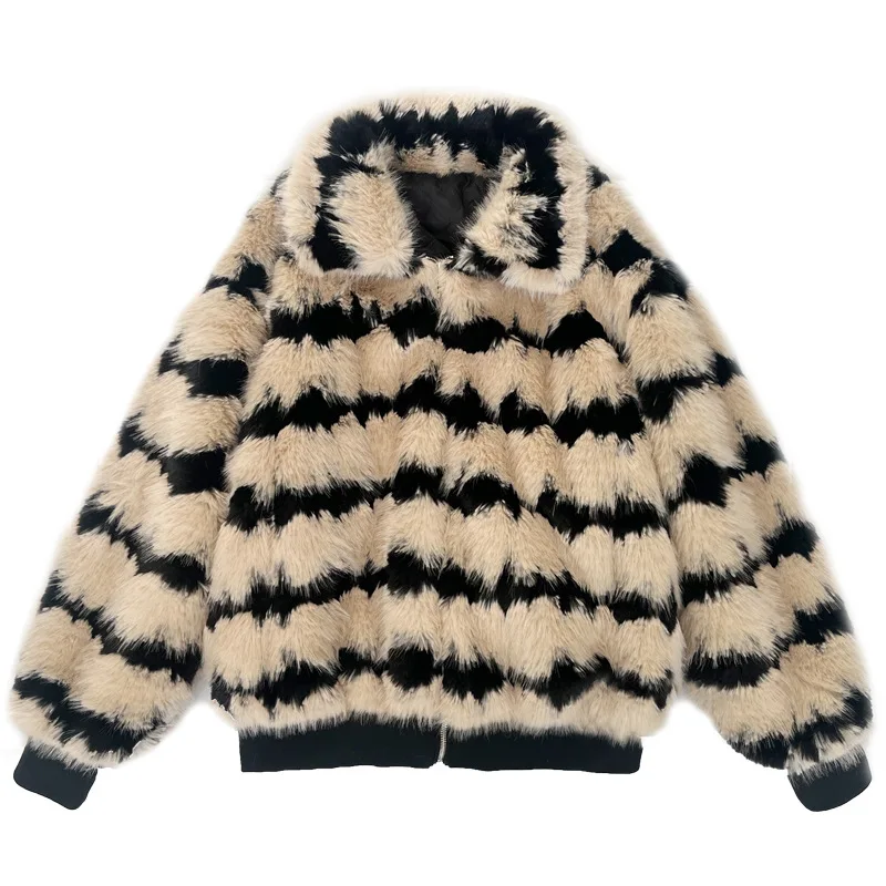 

Autumn Winter 2025 Faux Fur Women Coats Stripe Spliced Overcoats Turn Down Collar Long Sleeves Zipper Thick Loose Elegant Jacket