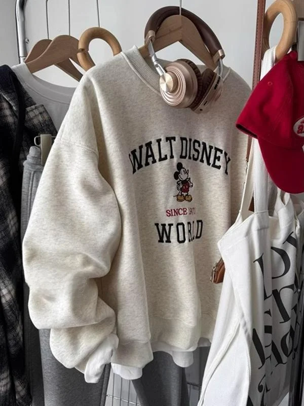 

American Style Winter New Short Thickened Fleece Women's Sweatshirt Mickey Cartoon Print Casual Loose Fit Top