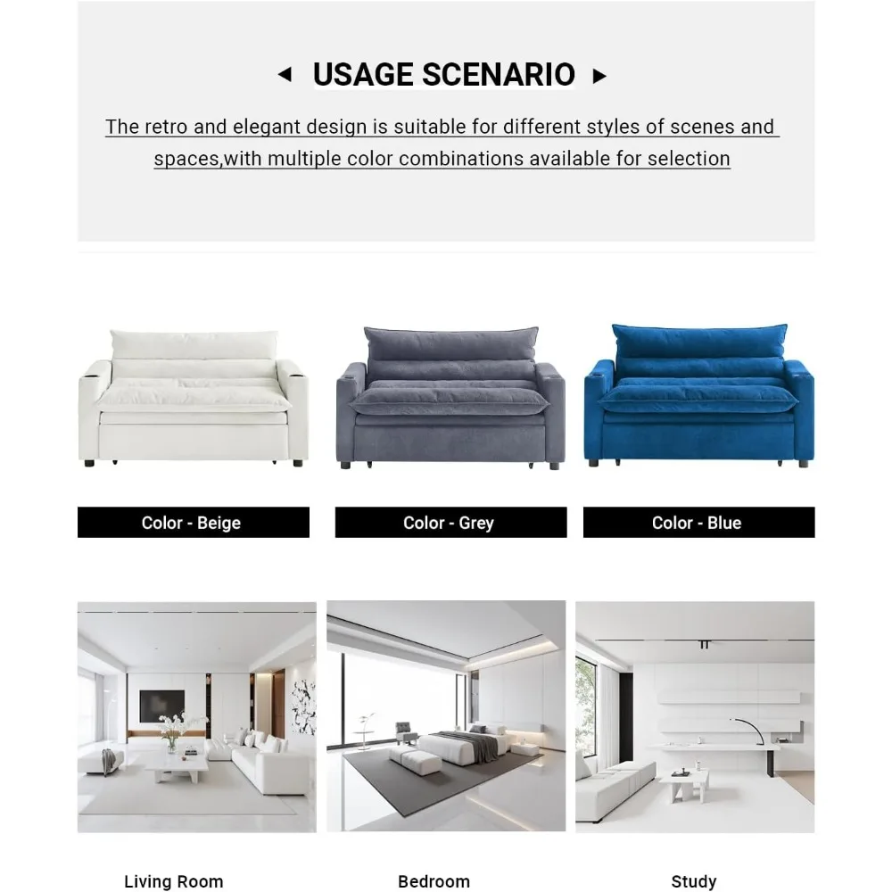 أريكة سرير قابلة للتحويل مقاس 56 بوصة، أريكة نوم مع سرير قابل للسحب، أريكة فوتون 3 في 1 مع مسند ظهر قابل للاستلقاء وحامل أكواب، حديث