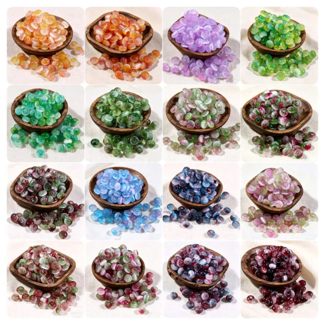 Contas de vidro tipo arroz de 4mm com gradiente de duas cores, acabamento escovado, efeito olho de gato, contas abacus, contas planas, acessórios soltos para DIY.
