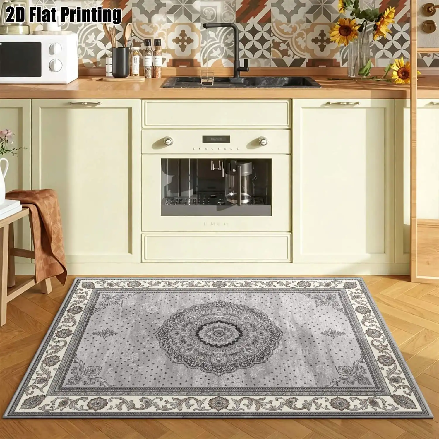1Pc 2D Printed Carpet: Grey-White Retro Floral, European Style, Geometric & Bohemian Design Machine Washable, Multi-Size, Ideal for Home Decor Spaces.