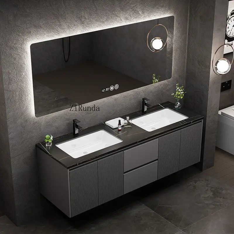 Mobiletto da bagno con doppio lavabo, moderno e lussuoso, grande mobiletto da bagno integrato con doppio lavabo