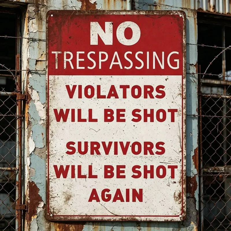 Funny No Trespassing Gun Survivor Warning Metal Wall Sign Vintage Tin Plaque Art Decor for Home Garage Man Cave Wall Decoration