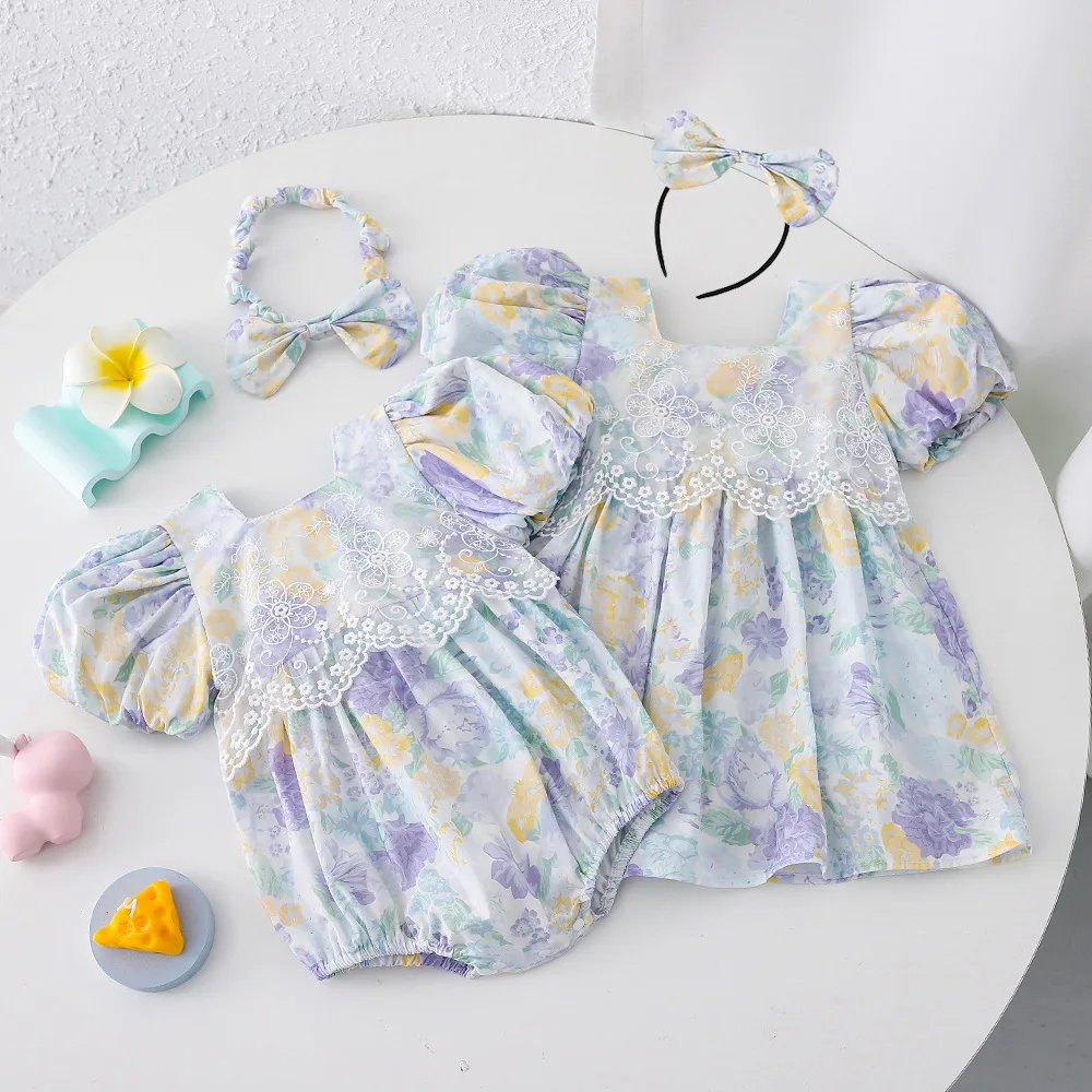 Cute Summer Lace Floral Sisters Princess Infant Toddler Party Romper Suit with Headband Puff Sleeve Baby Clothing Option Dress