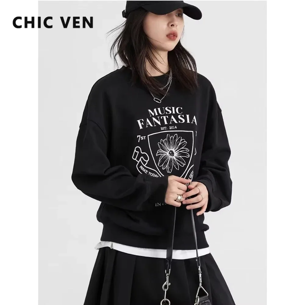 

CHIC VEN Women Pullovers Loose Casual Cotton Contrasting Daisy Letter Printed Sport Sweatshirts Female Top Spring Autumn 2024
