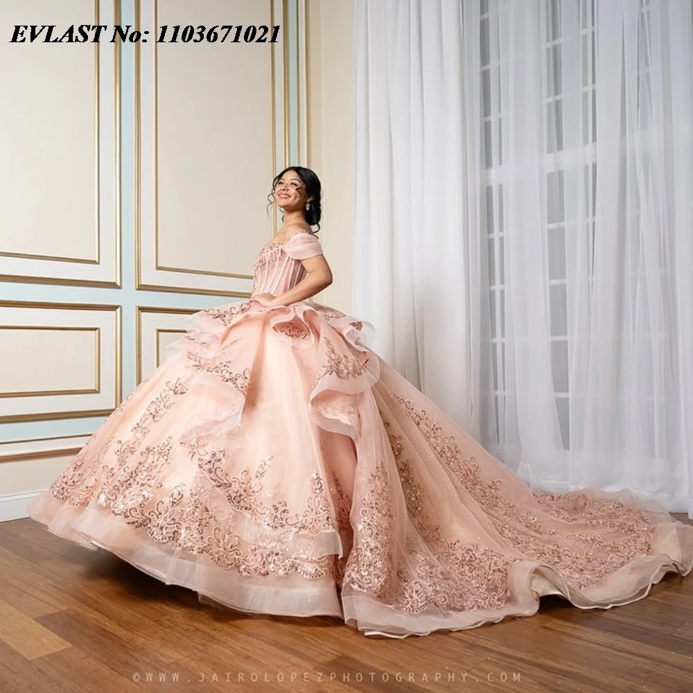 EVLAST мексиканское розовое платье Quinnceanera бальное платье Блестящие Блестки Кружевная аппликация корсет украшенный бисером Sweet 16 Платья для 15 лет SQ582