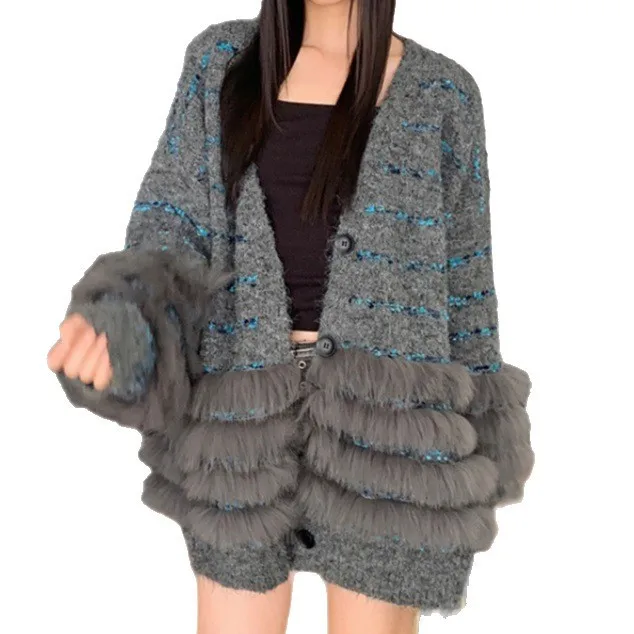 Women Knitted Cardigan Sweaters Patchwork Jumpers V Neck Button Long Sleeves Mid Length Casual Office Lady 2025 Autumn Winter