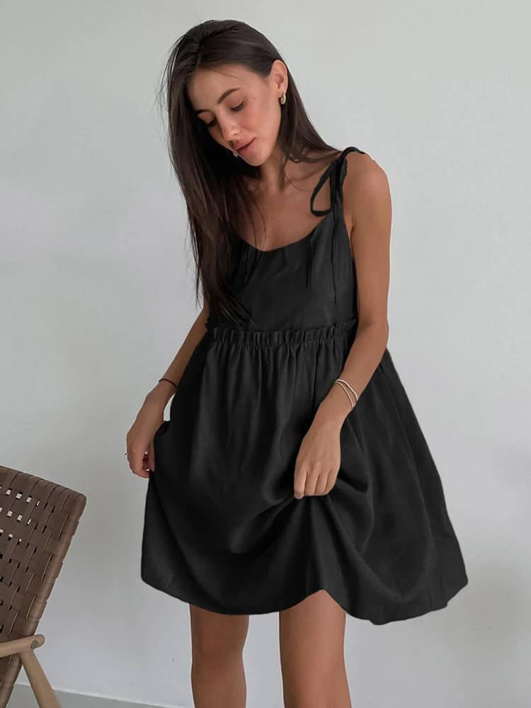 Mnealways18 Cotton Linen Casual Dresses Lace Up Summer Vacation Spaghetti Strap Dress Oversize V-Neck Women Backless Dress 2024