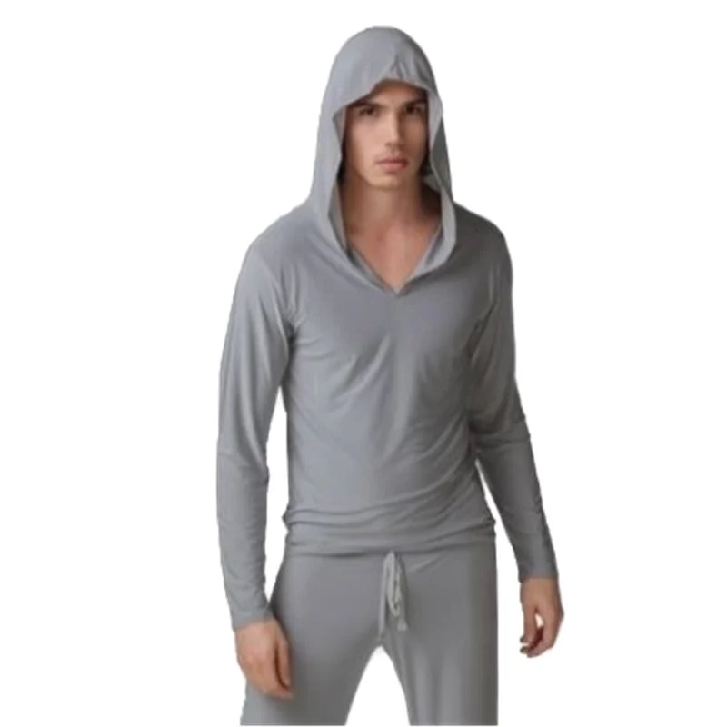 Sexy Men\'s Hoodies Sweater Men Sleepwear Underwear Ice Silk Home Wear Soft And Elastic Pajama Sets Night Bath Tops + Pants