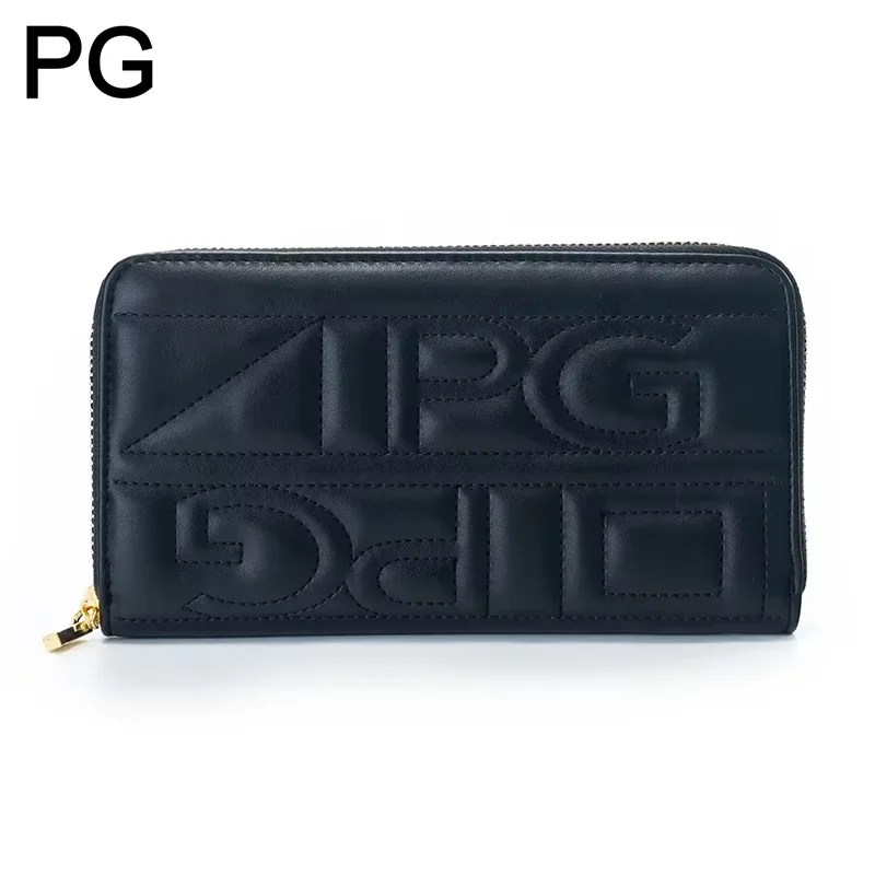 PG Fashion Stitch Embossed Long Purse Gold Metal Zipper Multiple Card Slots Soft Leather Daily Clutch Wallet