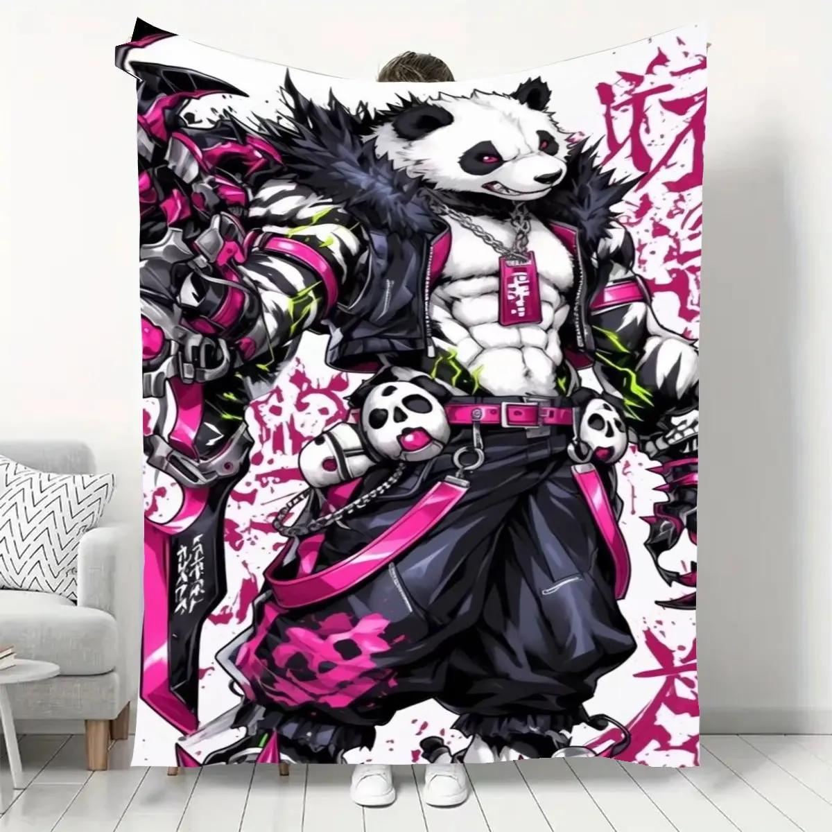 Oversized Panda Punk Character Throw Blanket Street Style Anime Graphic Print Tapestry for Sofa Couch Decor 150x200cm