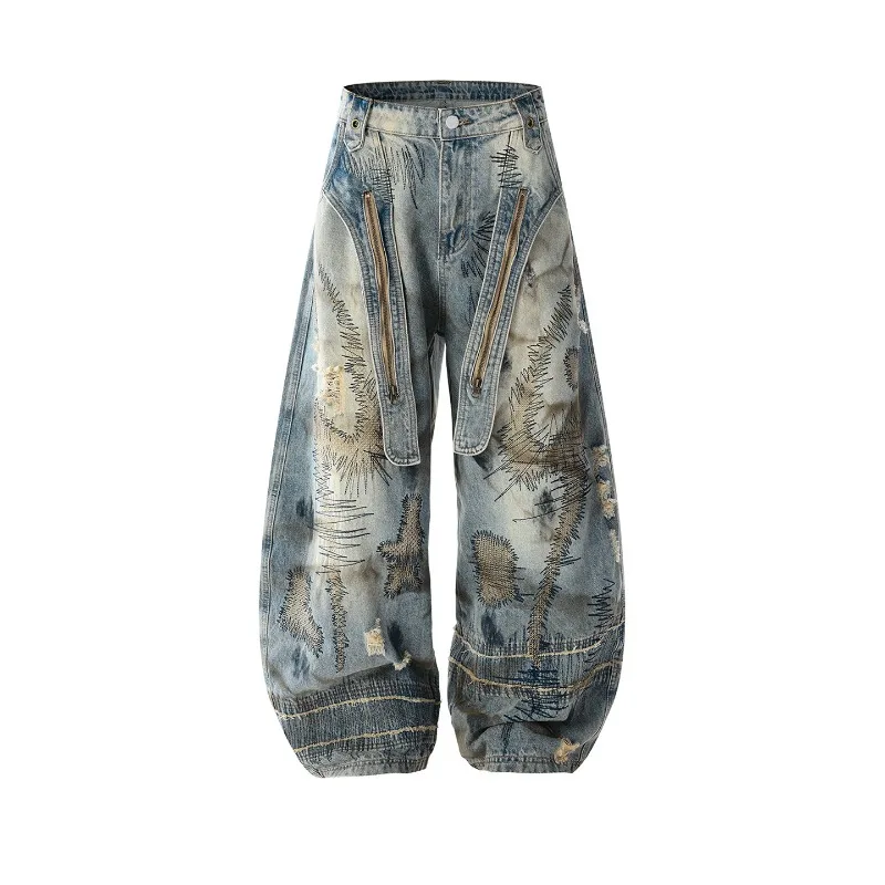 

Мужские джинсовые брюки High Street с вышивкой контрастного цвета, потертые, прямой низ, широкие свободные мужские джинсы