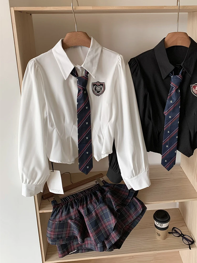 Women Japanese Y2k Preppy JK Coquette Gyaru 2000S Coquette Outfits 2 Piece Set Long Sleeve Skirts With Tie + Mini Plaid Skirts