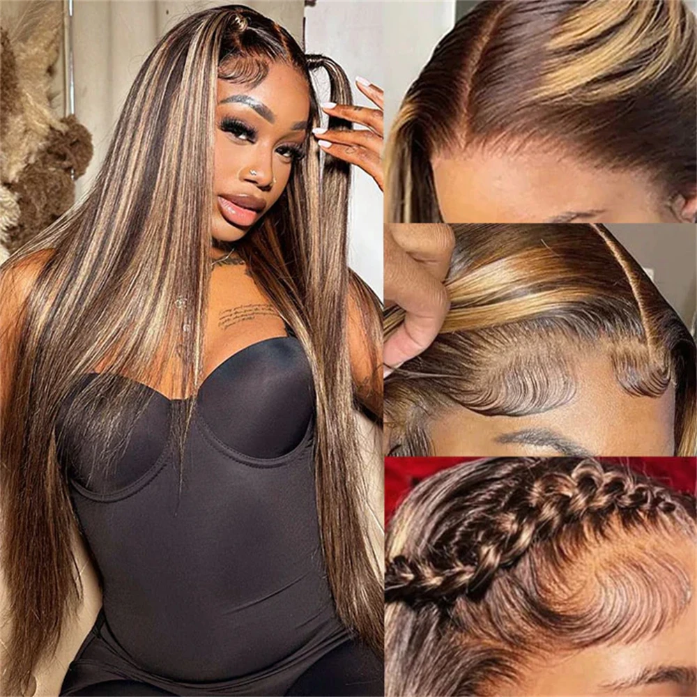 Destaque Pacotes Coloridos com Fechamento, Osso Liso Cabelo Humano Brasileiro, Weave Bundles com 13x4 Lace Frontal, Ombre Brown, P4 27