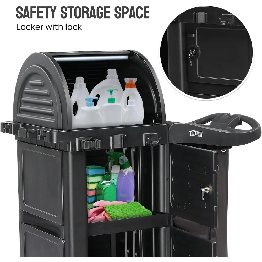 Chariot de ménage avec armoire à verrouillage à clé, chariot de nettoyage commercial à 3 étagères avec roulettes, caddie de ménage avec casier
