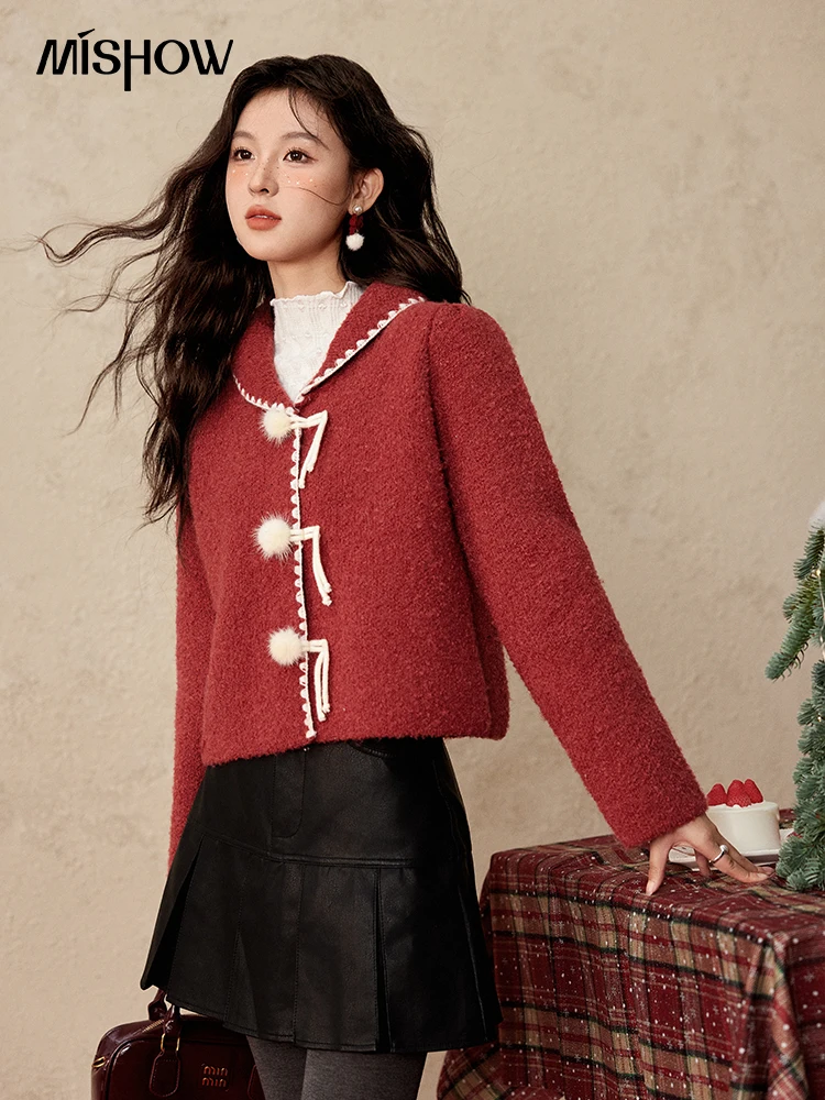 MISHOW noël rétro rouge pull col marin contraste couleur bouton conception vêtements d'extérieur Cardigan femmes dessus chaud MXD58Z1034