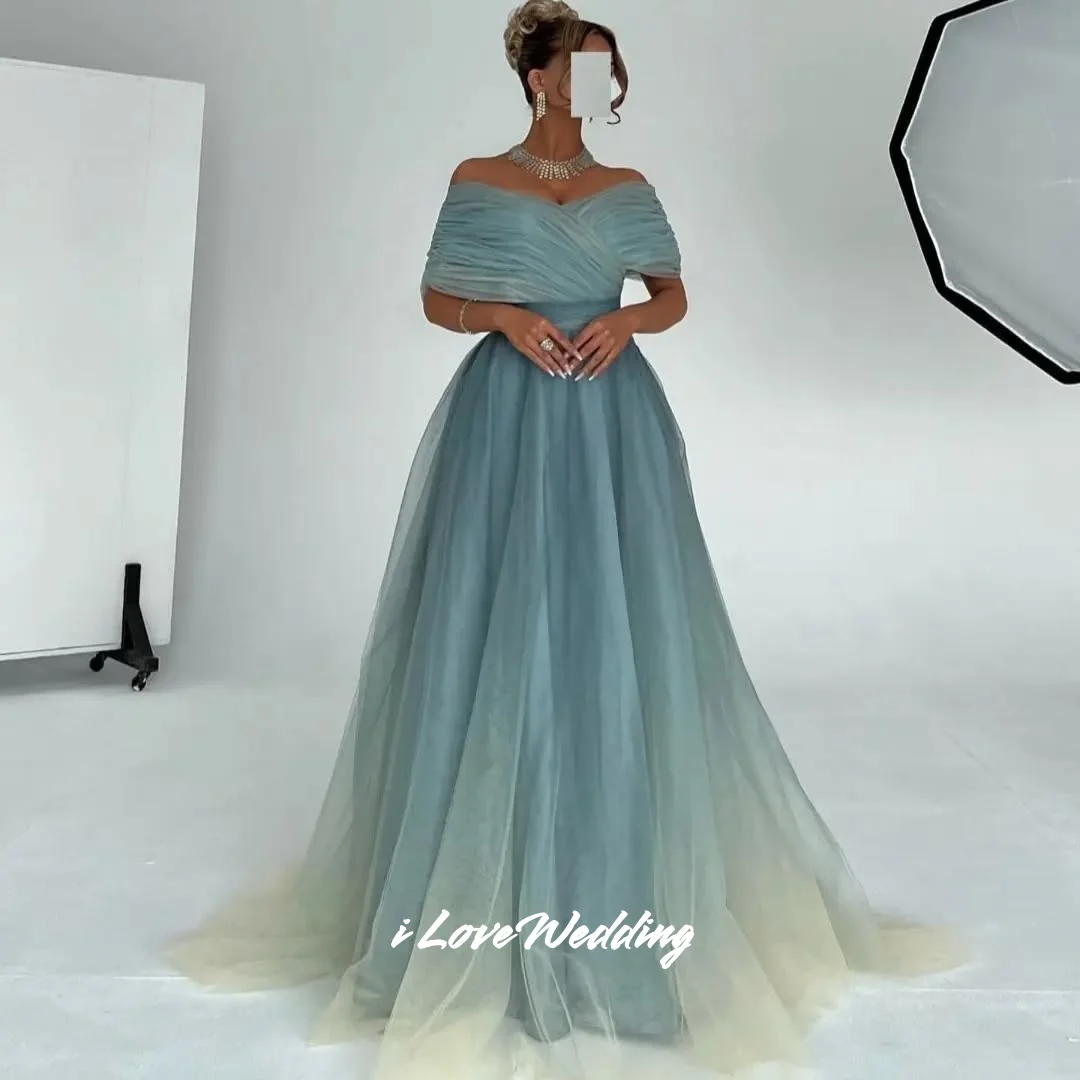 الأزرق الخامس الرقبة فساتين لحضور الحفلات الموسيقية 2025 قبالة الكتف ألف خط الطابق طول عارية الذراعين مطوي فساتين السهرة فساتين الزفاف الضيوف مخصصة #1