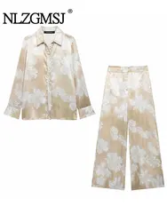 TRAF 2024 Autumn Silk Texture Women Printed Loose Shirt Two Piece Sets Blouse Female Wide Leg Ankle Pant Sets Y2K