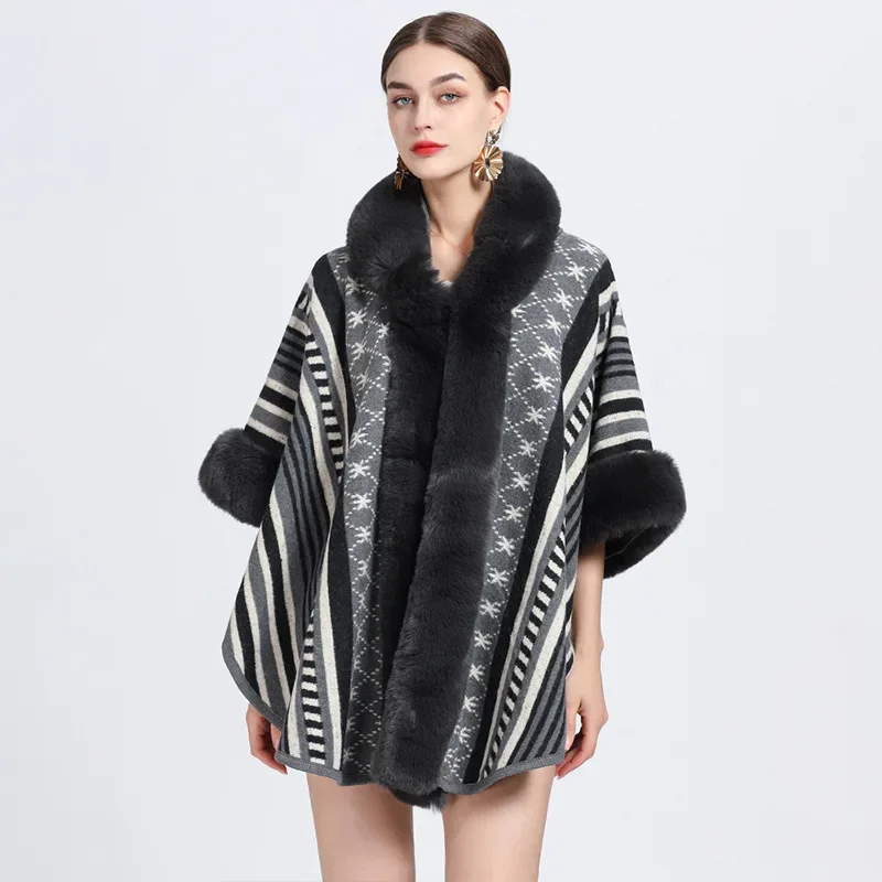 

Winter Women Streetwear Cloak Long Faux Rabbit Fur Collar Cape With Hat Stars Printed Poncho Batwing Sleeves Loose Overcoat