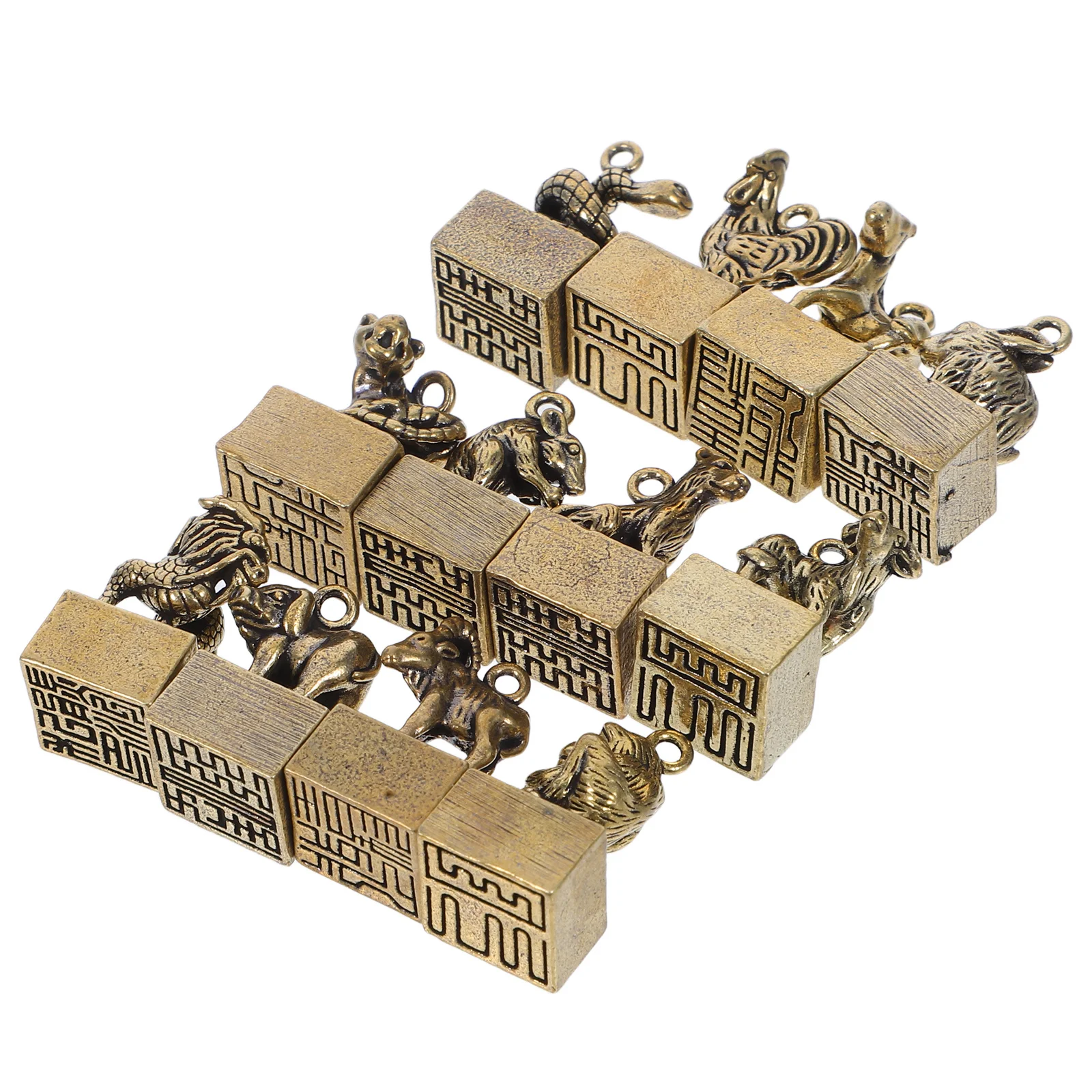 

12Pcs Brass Zodiac Sculpture Retro Desktop Ornament Keychain Pendants Chinese New Year Animal Decor