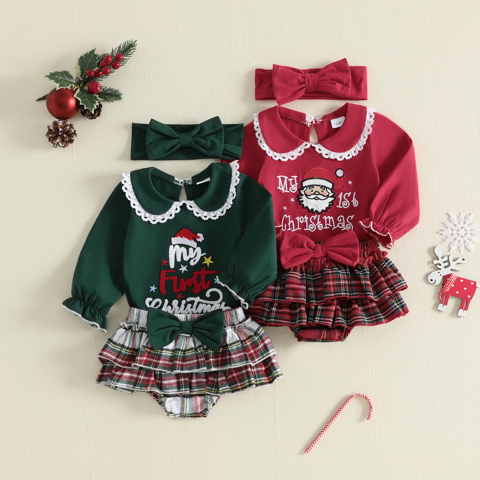 Tregren 0-18Months Infant Baby Girl Christmas Outfit Embroidery Romper + Ruffle Shorts + Headband + Stockings