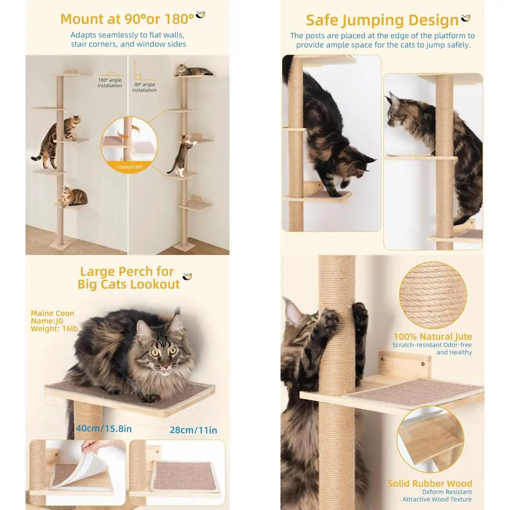 

Floor-to-Ceiling Wall-Mounted Cat Tree for Large Cats with 15.8in Top Perch and Scratching Surface