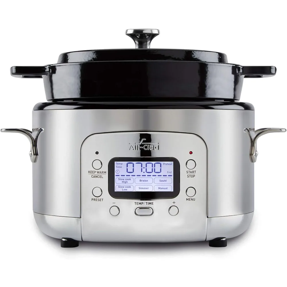 5 Quart 7-in-1 Electric Slow Cooker with Stainless Steel and Cast Iron, 1200W - Black Enamel Crock