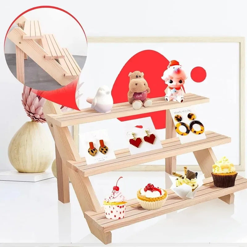 2-5 Tier Ear Stud Holder Wooden Jewelry Earring Dispaly Stand Shelf Cupcake Makeup Mini Figure Organizer Showcase Rack Riser