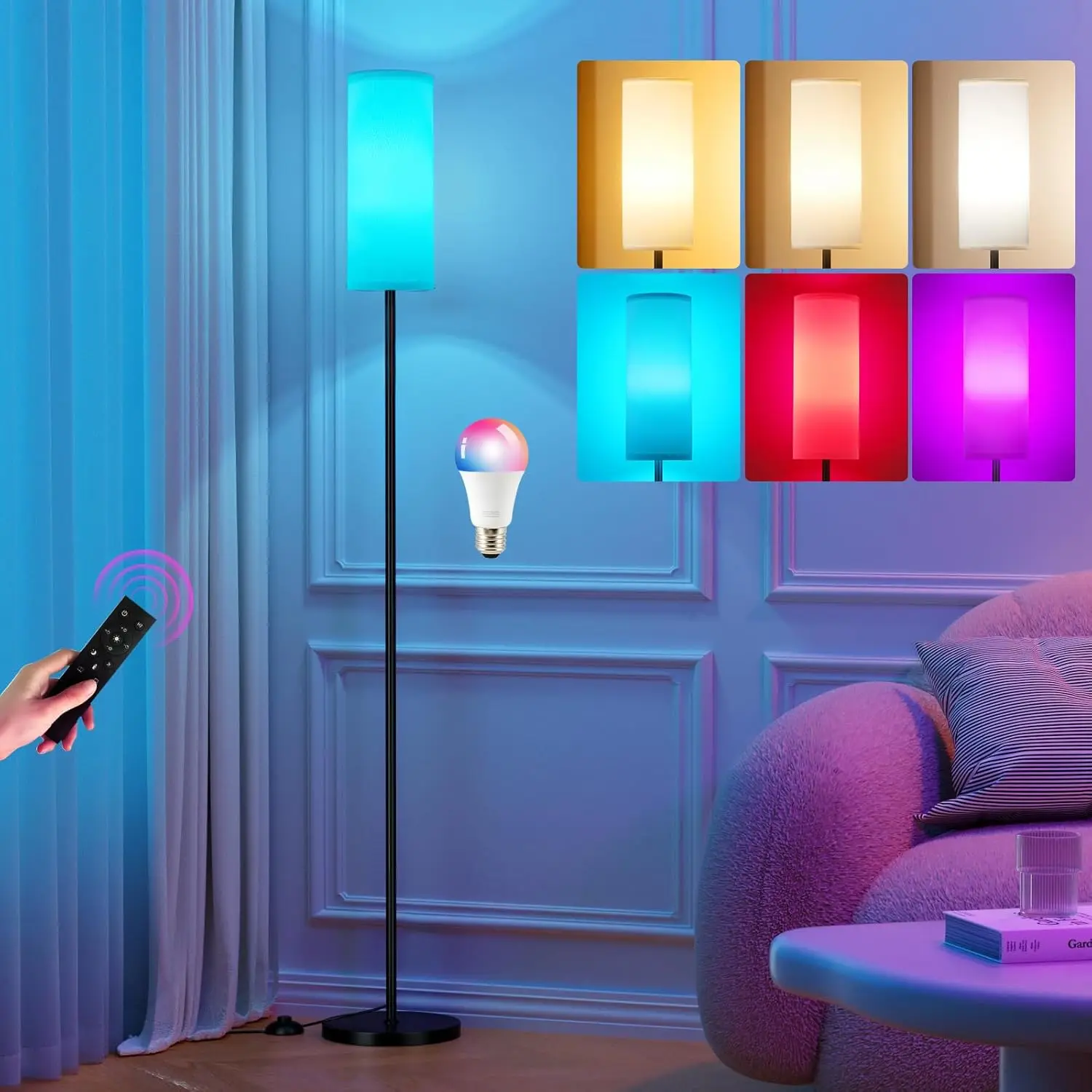 

64'' Floor Lamp with Remote, RGB Colors, Dimmable Brightness & Temperature, 9W Bulb Included