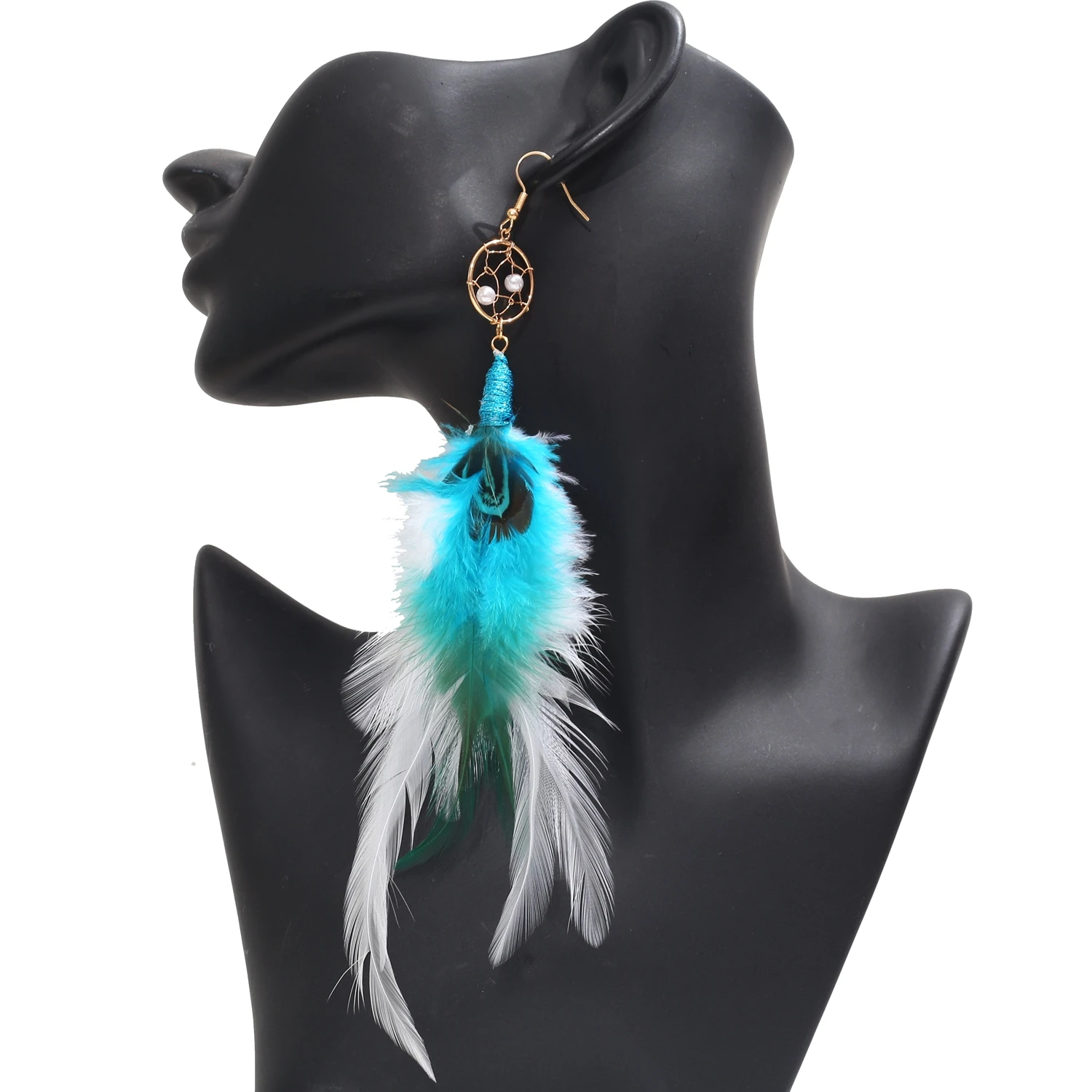 1 blue Bohemian ethnic style feather earring set with jewelry for women's earrings