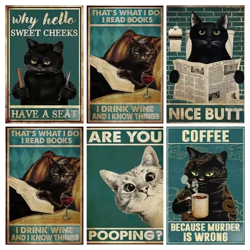 Retro Funny Inspirational Black Cat Metal Tin Sign Home Decoration for Coffee Shop Living Room Pet Shop Wall Decor