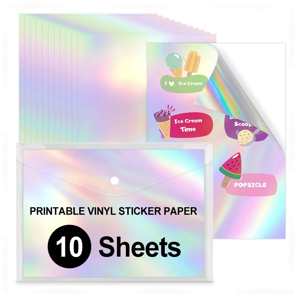 

10 Sheets Holographic Printable Vinyl Sticker Paper A4 Transparent Glossy White Self-adhesive Copy Paper for All Inkjet Printer