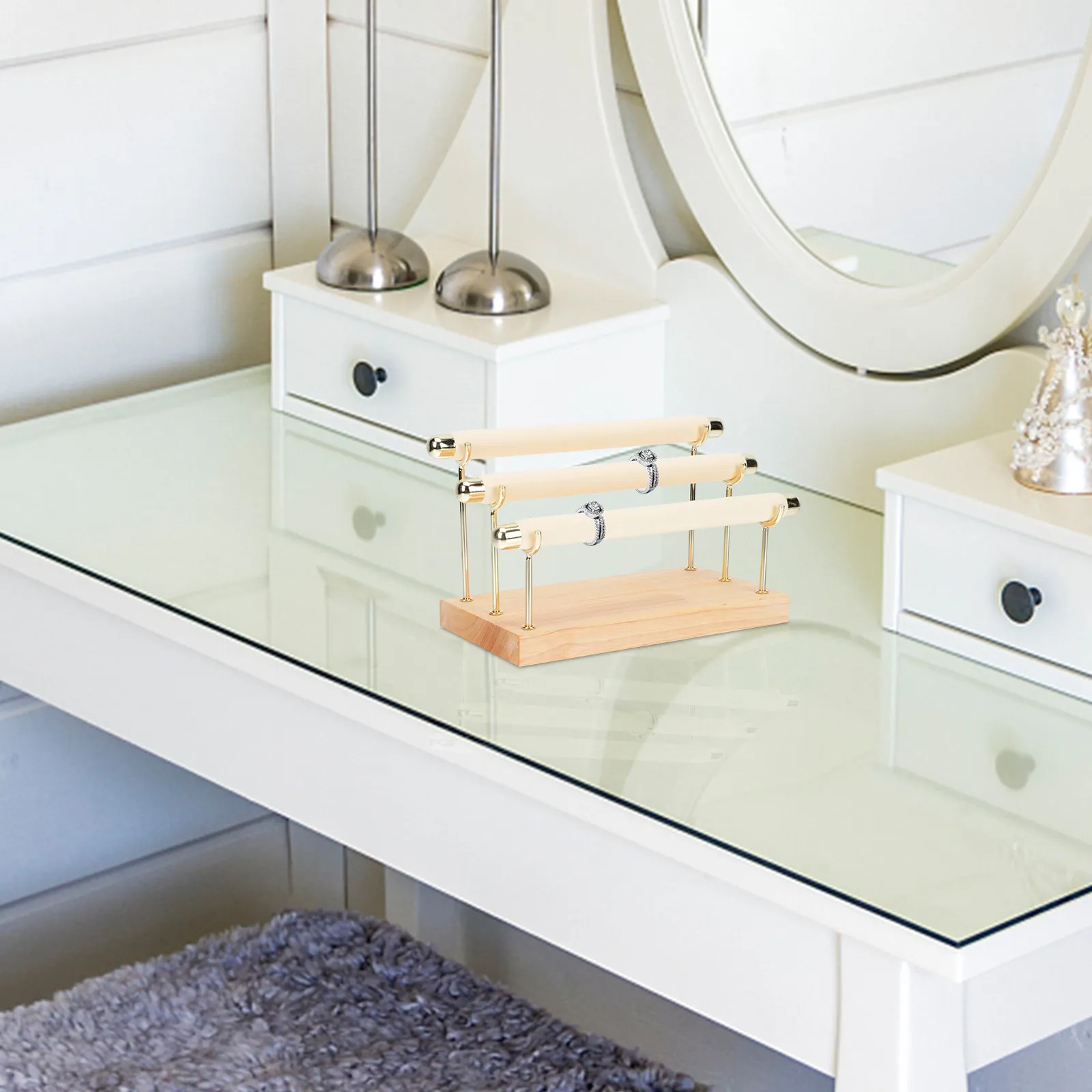 

1Pcs Solid Wood Jewelry Rack Three-Tier Flannel-Padded Ring Holder Display Stand for Rings Necklaces Studs Earrings Storage