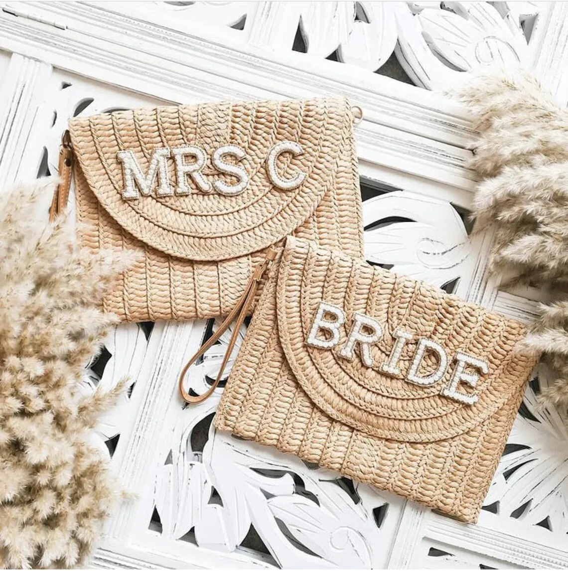 

Personalised Bride Pearl Future Mrs Straw Clutch shoulder Bag Hen Honeymoon bag Wife To Be Personalised straw Clutch, Custom Mrs