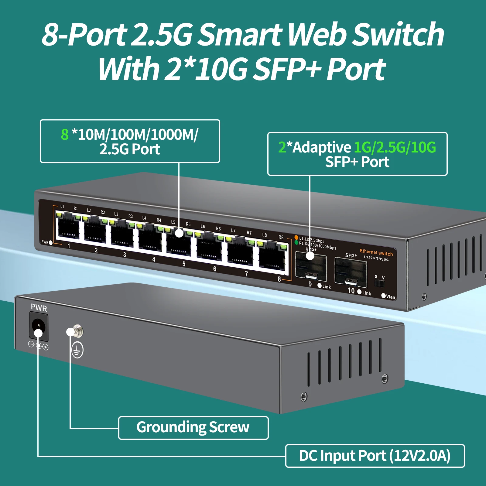 PESENSKA 2.5Gb Umanaged Switch with 8-port 2.5Gb Ethernet 2-port 10G SFP+ Support VLAN