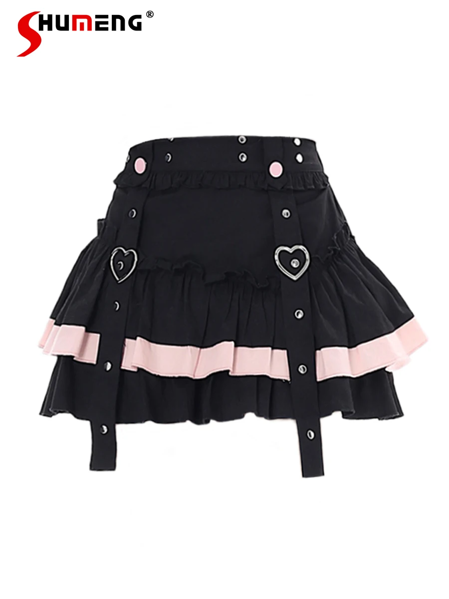 

Punk Rock Hot Girl High Waist A-line Skirt Japanese Sweet Lolita Heart Buckle Ruffled All-Match Cake Pettiskirt Women Summer