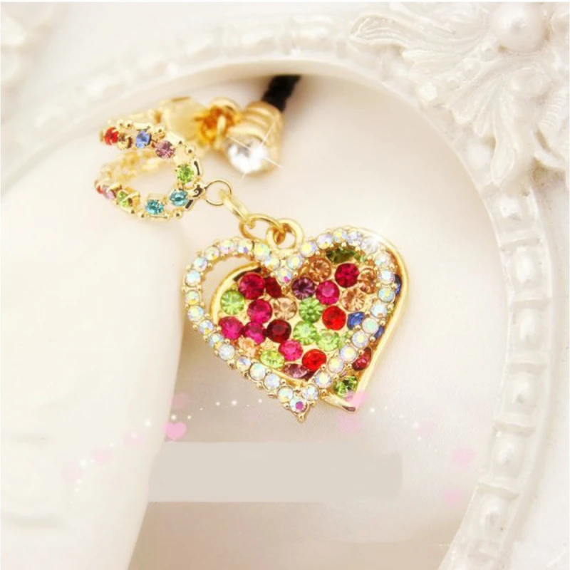 Fashion Style Color Diamond Heart-shaped Design Mobile Phone Ear Cap 3.5mm Dust Plug For Iphone Samsung Dust Plug 2024