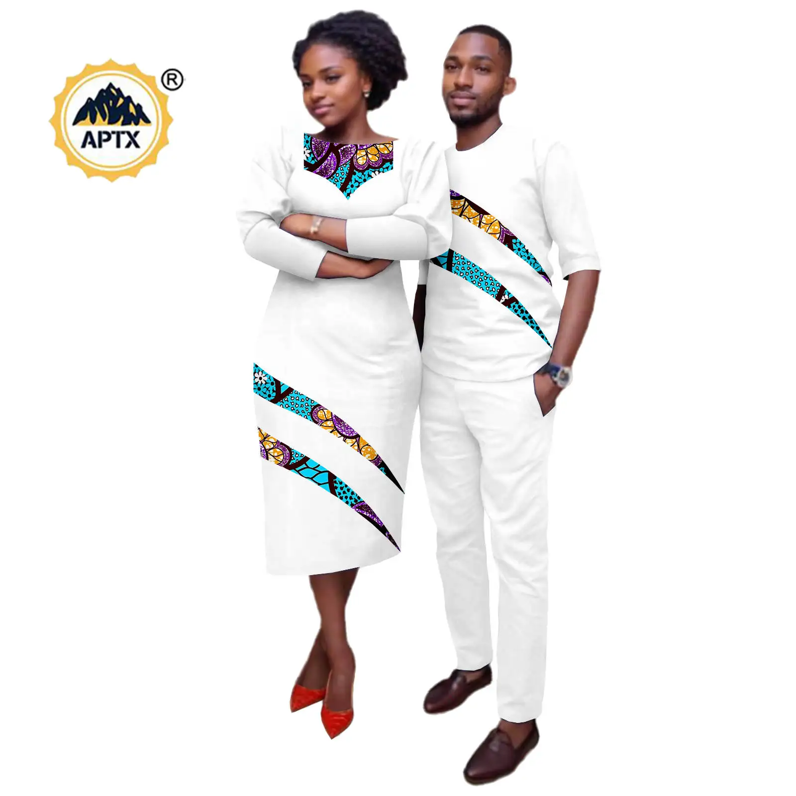 Dashiki Sexy African Lantern Sleeve Print Dresses for Women Matching Couples Outfits Bazin Riche Men Top and Pant Sets 24C045