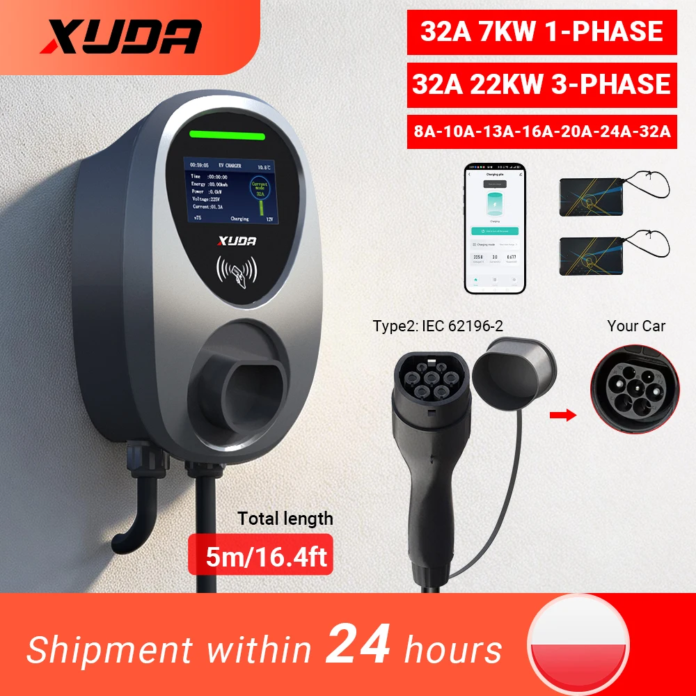 EV-Ladestation 22KW 7,6KW 32A Typ 2 Elektrofahrzeug-Ladegerät Auto-Ladestation 7kW Wallbox-Ladegerät mit Bildschirm 220V Einphasig WiFi APP 5M